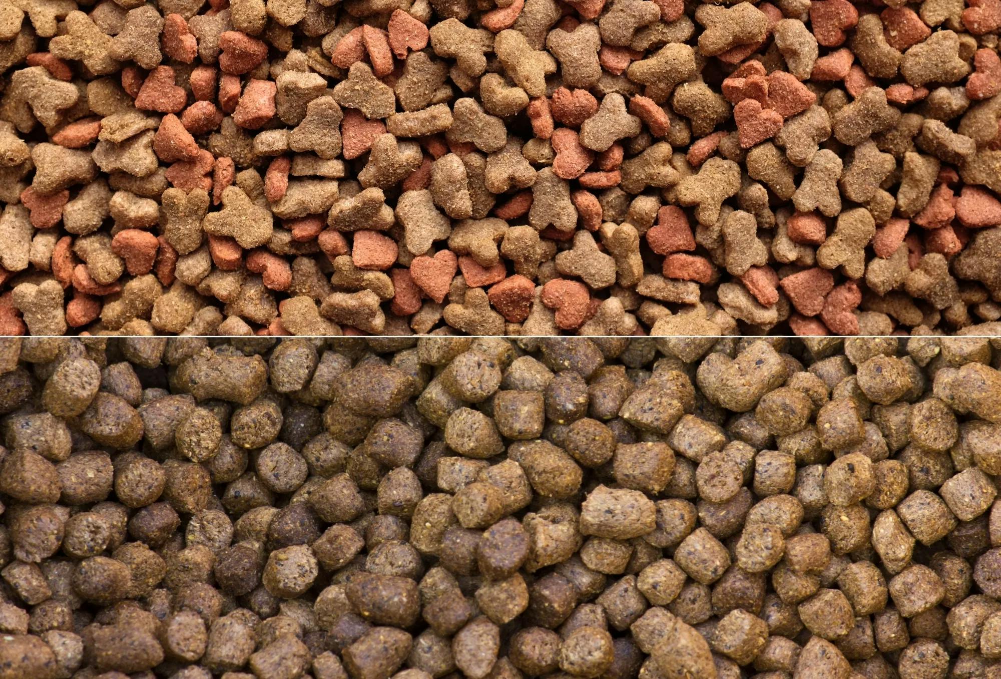 Pet food above and animal feed below mirroring each other
